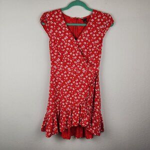 J. Crew Mercantile Red Floral Faux Wrap Short Sleeve Ruffle Mini Dress sz 2